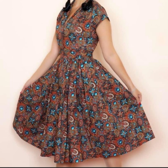 SOLD | Bernie Dexter Kelly Dress Heritage Print Pinup 50s Jewel Tone SMALL - Picture 2 of 13